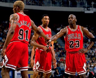 Dennis Rodman, Scottie Pippen and Michael Jordan
